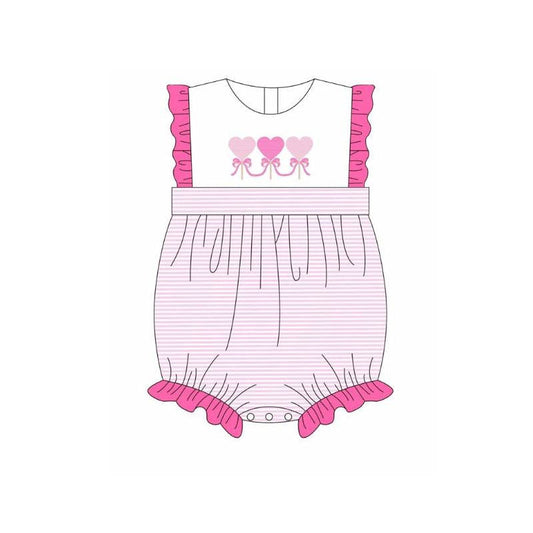 ( Moq 5 ) Preorder Girls Infant Hearts Bows Stripes Valentine's Day Ruffle Bubble Romper