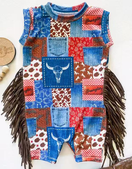 ( Moq 5 ) Preorder Boys Infant Western Cow Tassel Summer Romper