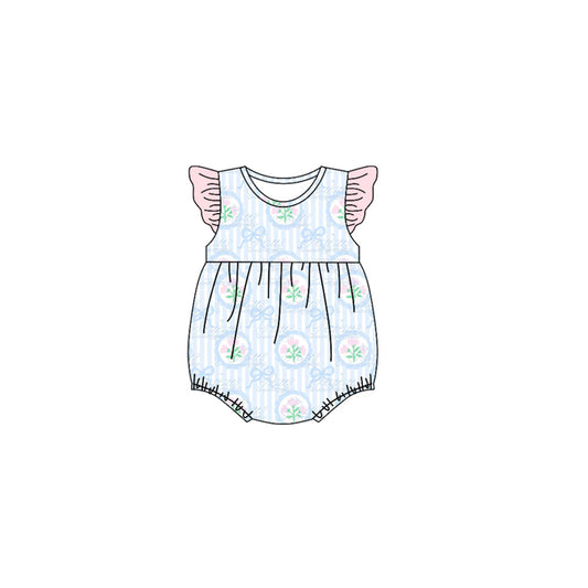 ( Moq 5 ) Preorder Girls Infant Short Sleeves Flower Bows Stripes Bubble Romper