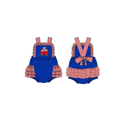 ( Moq 5 ) Preorder Baby Girls Infant Sleeveless Baseball Plaid Ruffle Bubble Romper