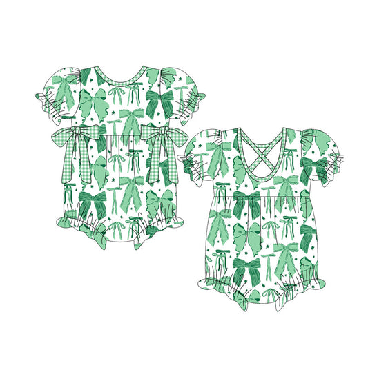( Moq 5 ) Preorder Baby Girls Infant Green Bows St Patrick Bubble Romper