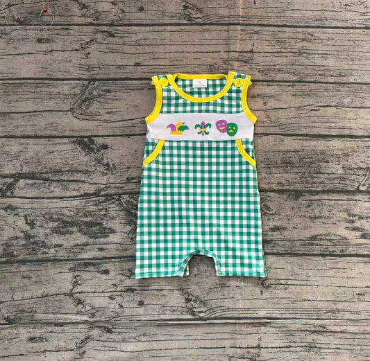 ( No moq ) Preorder Baby Boys Embroidery Anchors Pockets Green Plaid Smocked Mardi Gras Romper