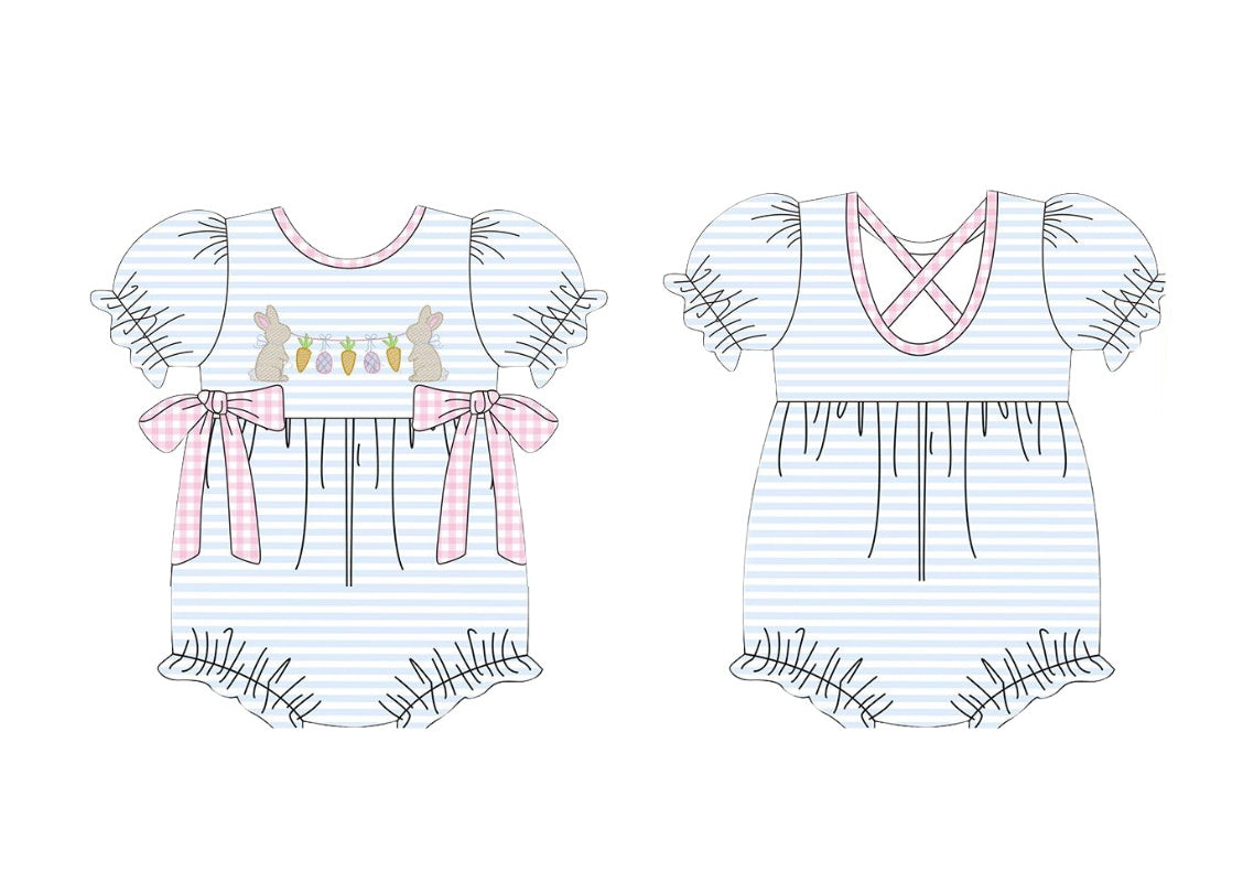 ( Moq 5 ) Preorder Baby Girls Rabbits Carrots Bows Blue Stripes Easter Bubble Romper