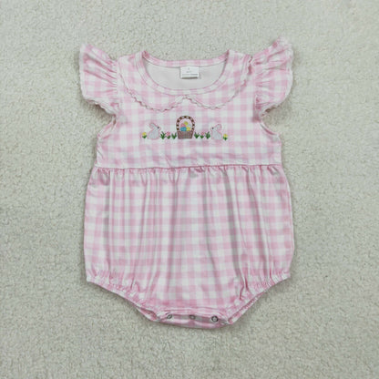 Sibling Baby Girls Kids Short Sleeves Embroidery Rabbits Eggs Easter Pink Plaid Romper Dress RTS
