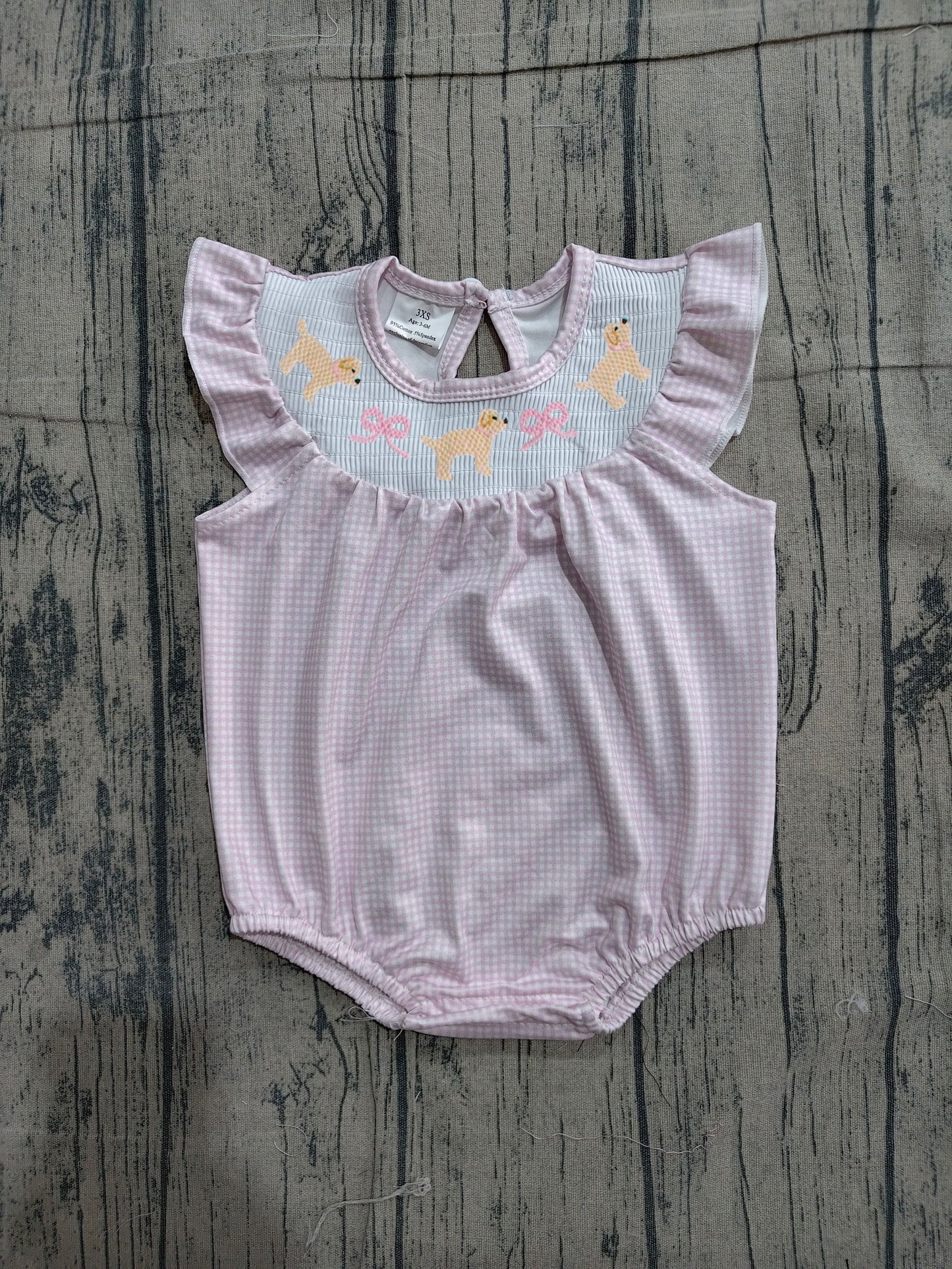 ( No moq ) Preorder Baby Girls Kids Short Sleeves Embroidery Dogs Bows Pink Bubble Romper