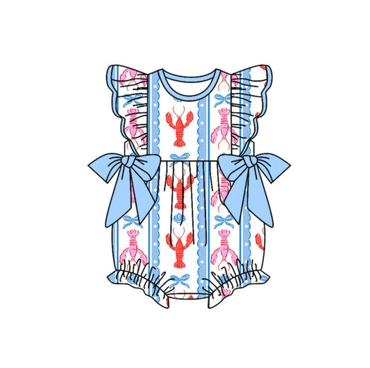 ( Moq 5 ) Prorder Baby Girls Short Sleeves Blue Bows Crawfish Summer Bubble Romper