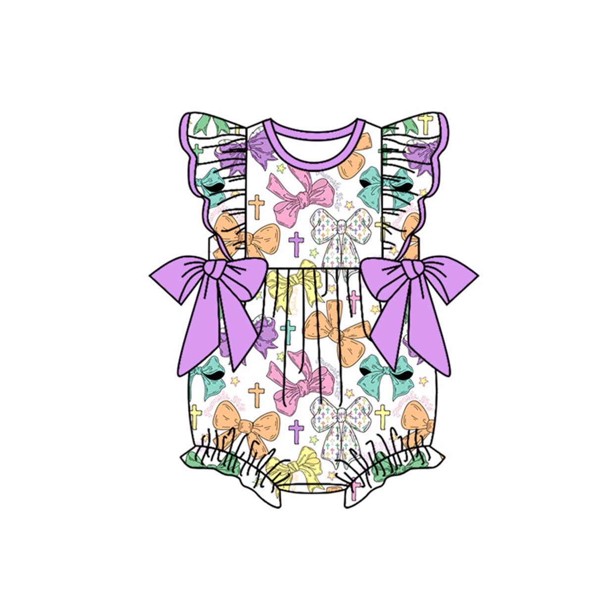 ( Moq 5 ) Prorder Baby Girls Short Sleeves Cross Bows Easter Bubble Romper