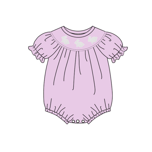 ( Moq 5 ) Preorder Baby Girls Short Sleeves Rabbits Easter Purple Bubble Romper