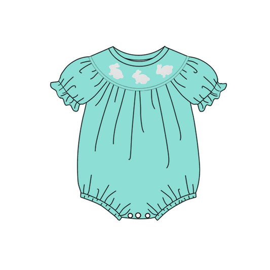 ( Moq 5 ) Preorder Baby Girls Short Sleeves Rabbits Easter Green Bubble Romper