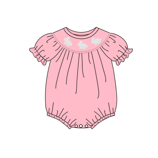 ( Moq 5 ) Preorder Baby Girls Short Sleeves Rabbits Easter Pink Bubble Romper