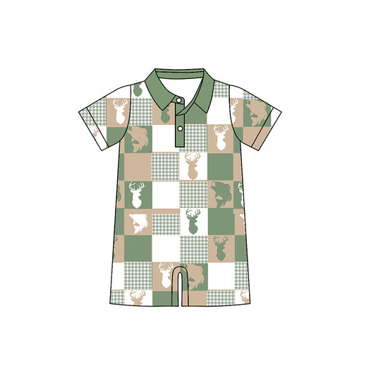 ( Moq 5 ) Preorder Baby Boys Short Sleeves Deer Fish Plaid Polo Hunting Romper