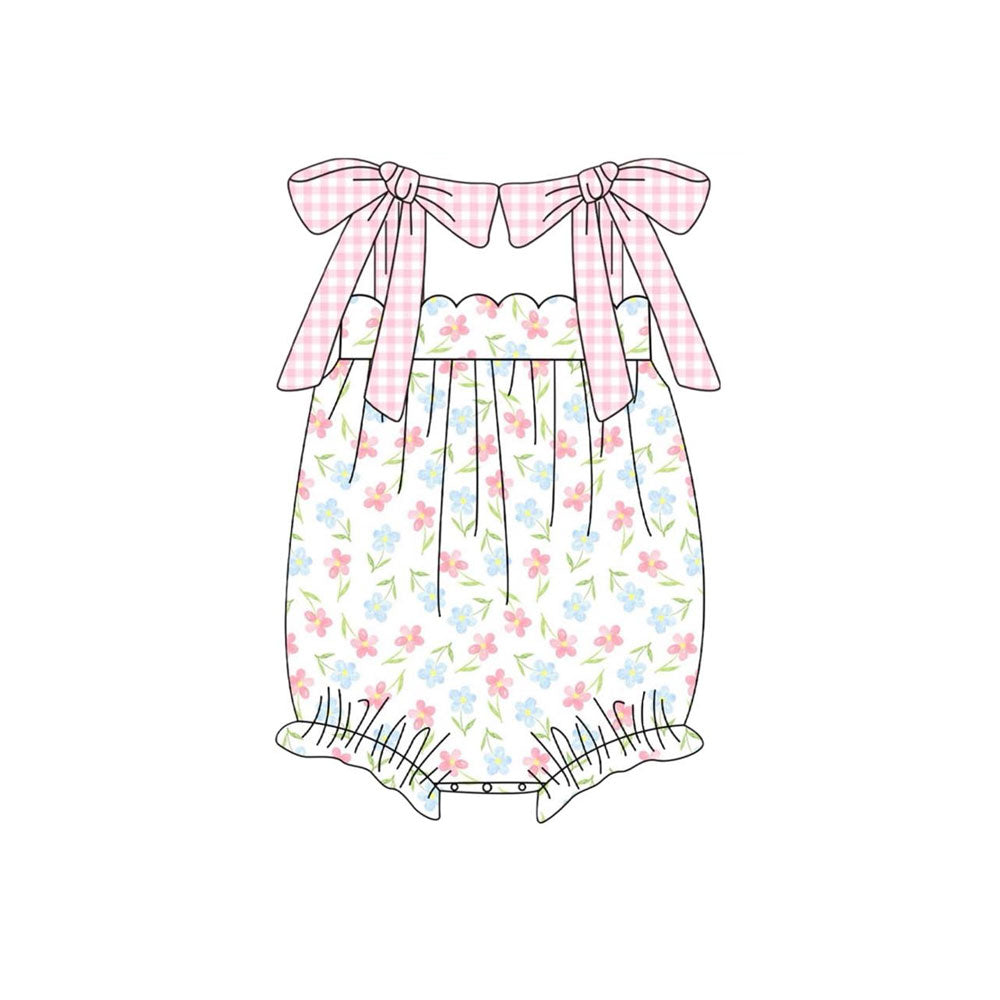 ( Moq 5 ) Preorder Baby Girls Pink Bows Floral Ruffle Bubble Romper