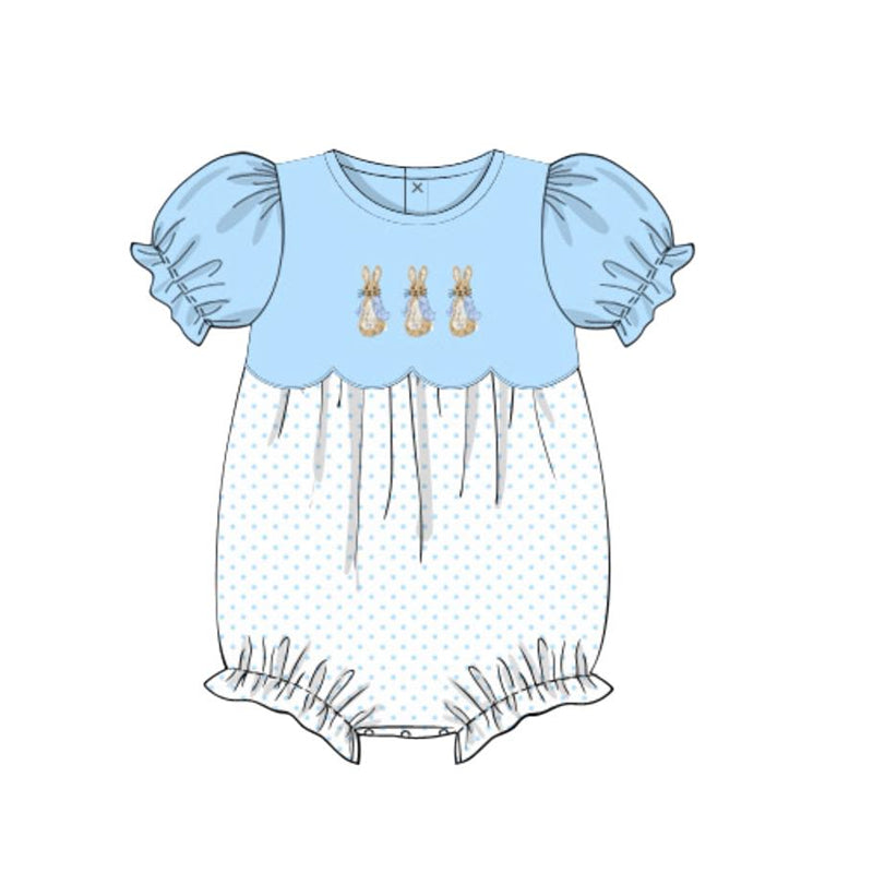 ( Moq 5 ) Preorder Baby Girls Short Sleeve Rabbits Easter Blue Romper