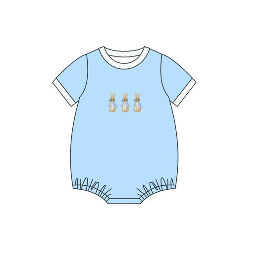 ( Moq 5 ) Preorder Baby Boy Short Sleeve Rabbits Easter Blue Romper