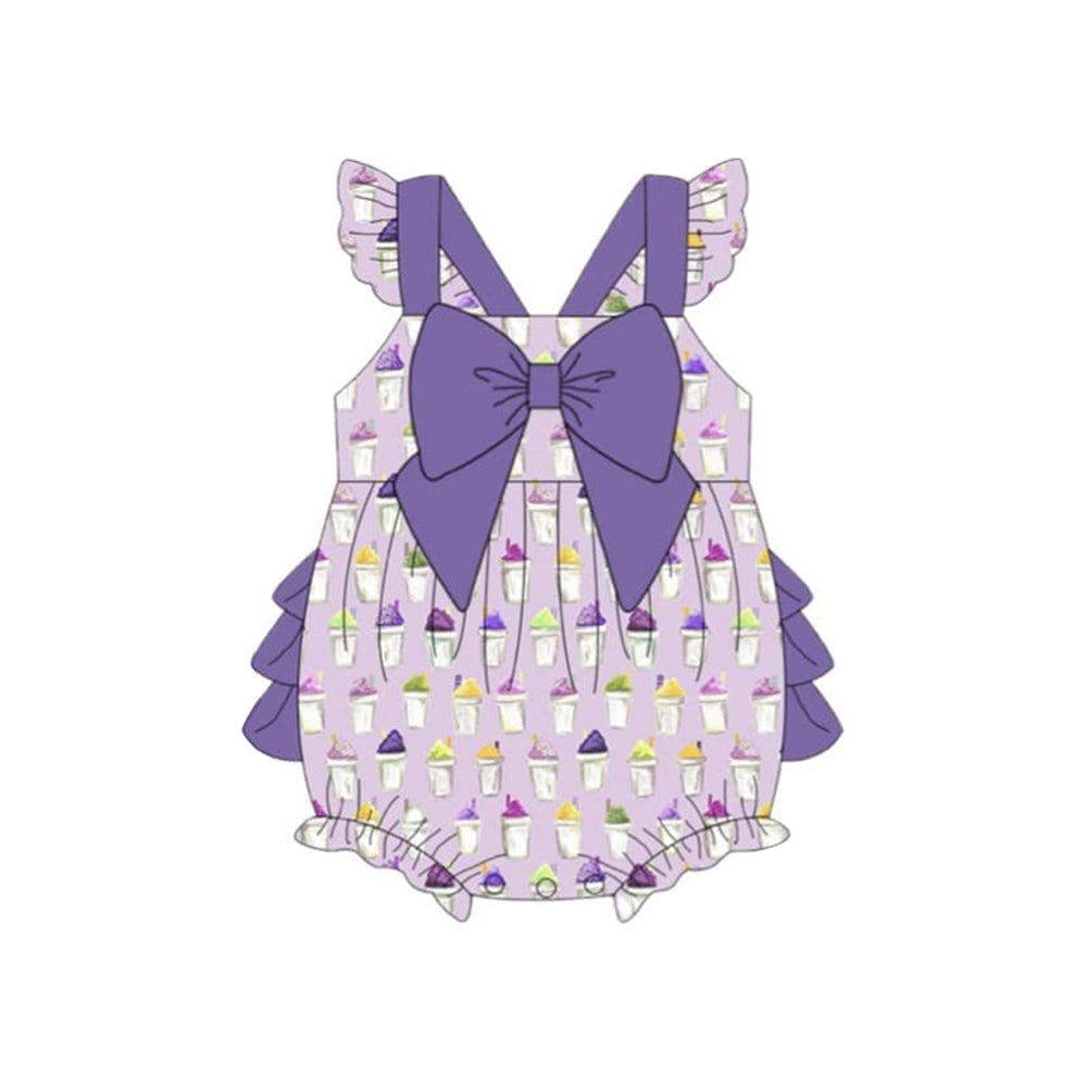 ( Moq 5 ) Preorder Baby Girls Purple Short Sleeves Purple Bow Ruffle Bubble Romper