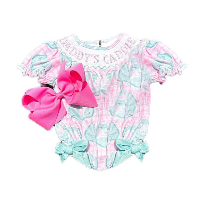 ( Moq 5 ) Preorder Baby Girls Short Sleeves Daddy's Caddie Golf Bows Plaid Bubble Romper