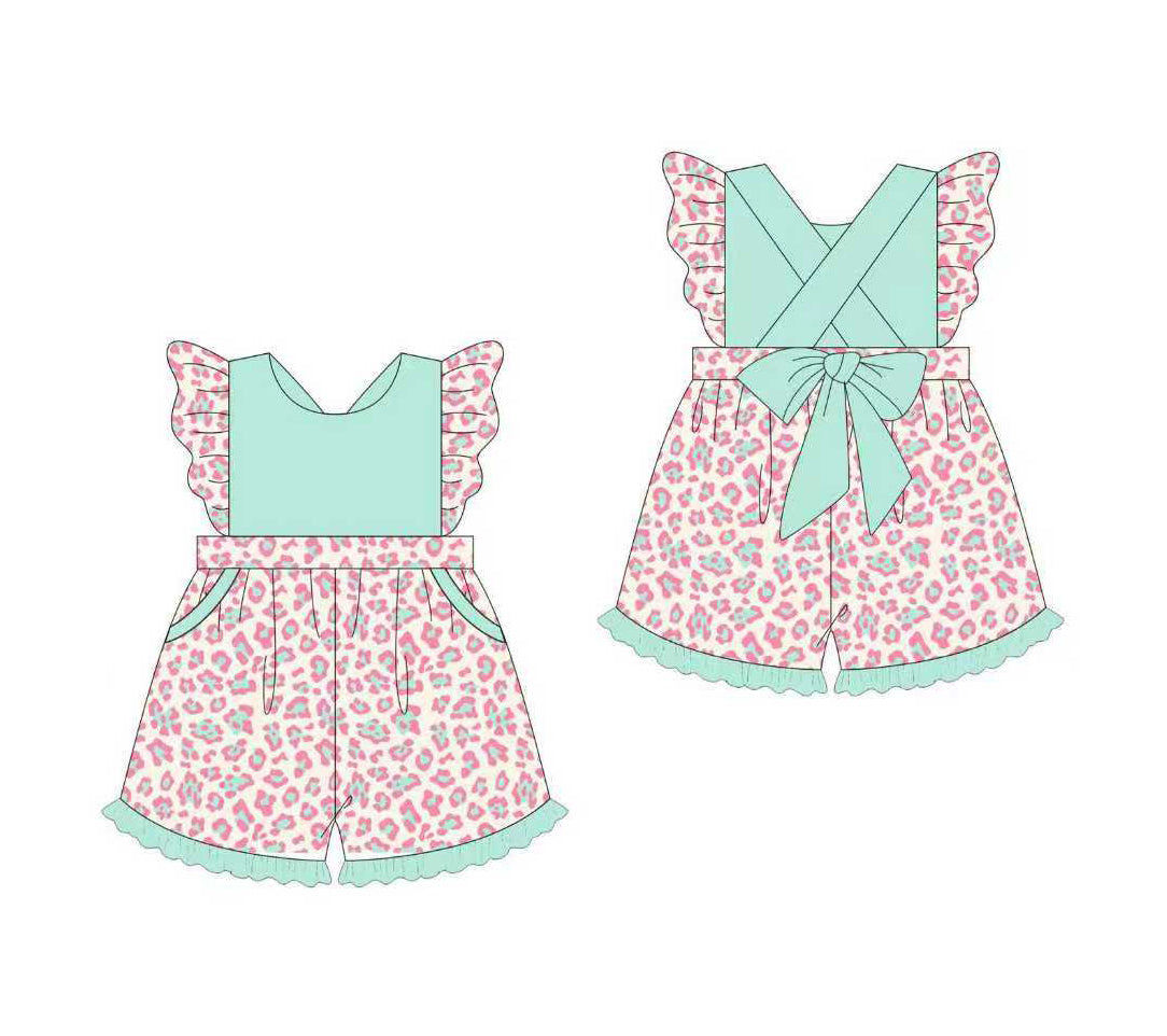 ( Moq 5 ) Preorder Baby Girls Pink Leopard Bows Pockets Shorts Jumpsuit