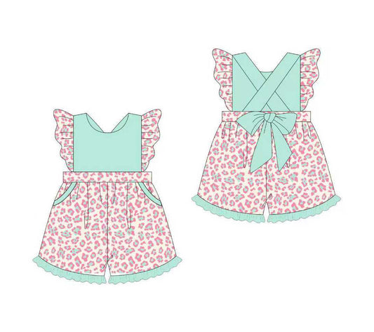 ( Moq 5 ) Preorder Baby Girls Pink Leopard Bows Pockets Shorts Jumpsuit