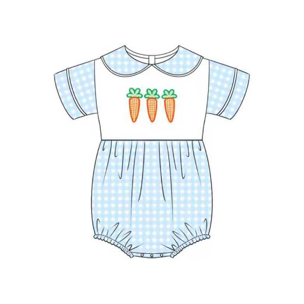 ( Moq 5 ) Preorder Baby Boys Short Sleeves Carrots Easter Blue Plaid Bubble Romper