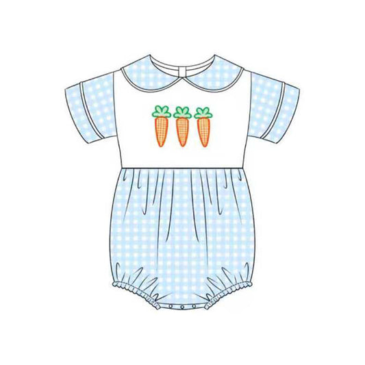 ( Moq 5 ) Preorder Baby Boys Short Sleeves Carrots Easter Blue Plaid Bubble Romper
