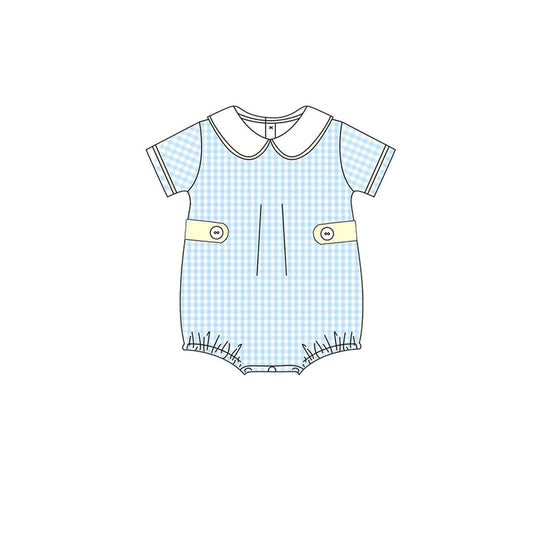 ( Moq 5 ) Preorder Baby Boys Blue Plaid Bubble Summer Romper