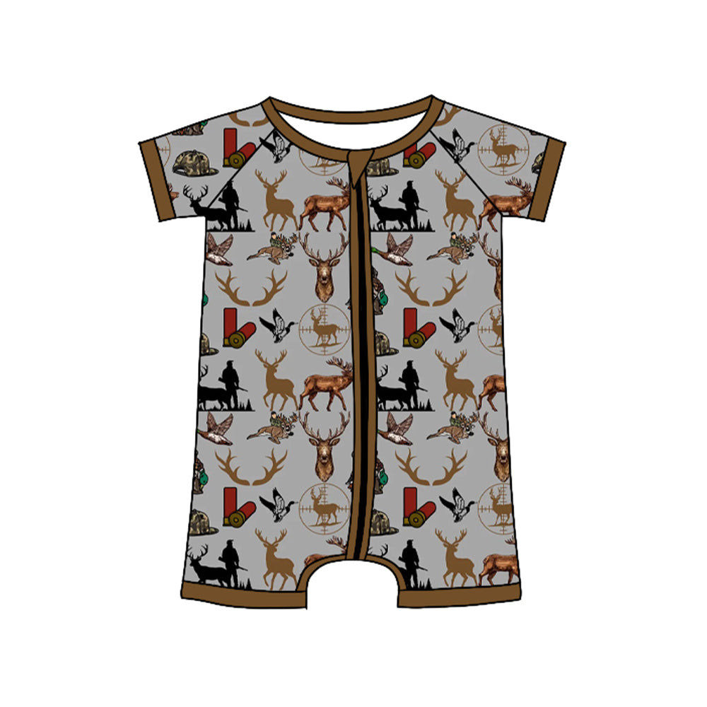 ( Moq 5 ) Preorder Baby Boys Short Sleeves Deer Zipper Hunting Romper