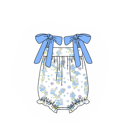 ( Moq 5 ) Preorder Baby Girls Blue Bows Strap Flower Summer Bubble Romper