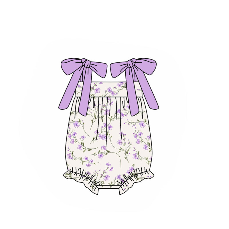 ( Moq 5 ) Preorder Baby Girls Purple Bows Strap Floral Summer Bubble Romper