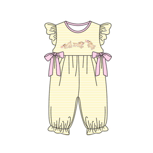 ( Moq 5 ) Preorder Baby Girls Short Sleeves Yellow Stripes Dogs Bows Romper