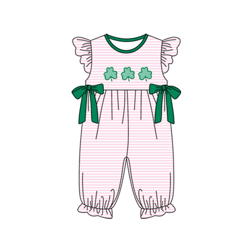 ( Moq 5 ) Preorder Baby Girls Short Sleeves Stripes Clovers Green Bows Romper