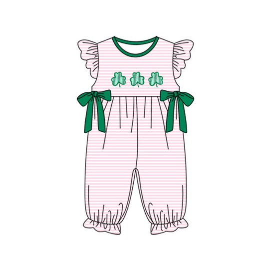 ( Moq 5 ) Preorder Baby Girls Short Sleeves Stripes Clovers Green Bows Romper