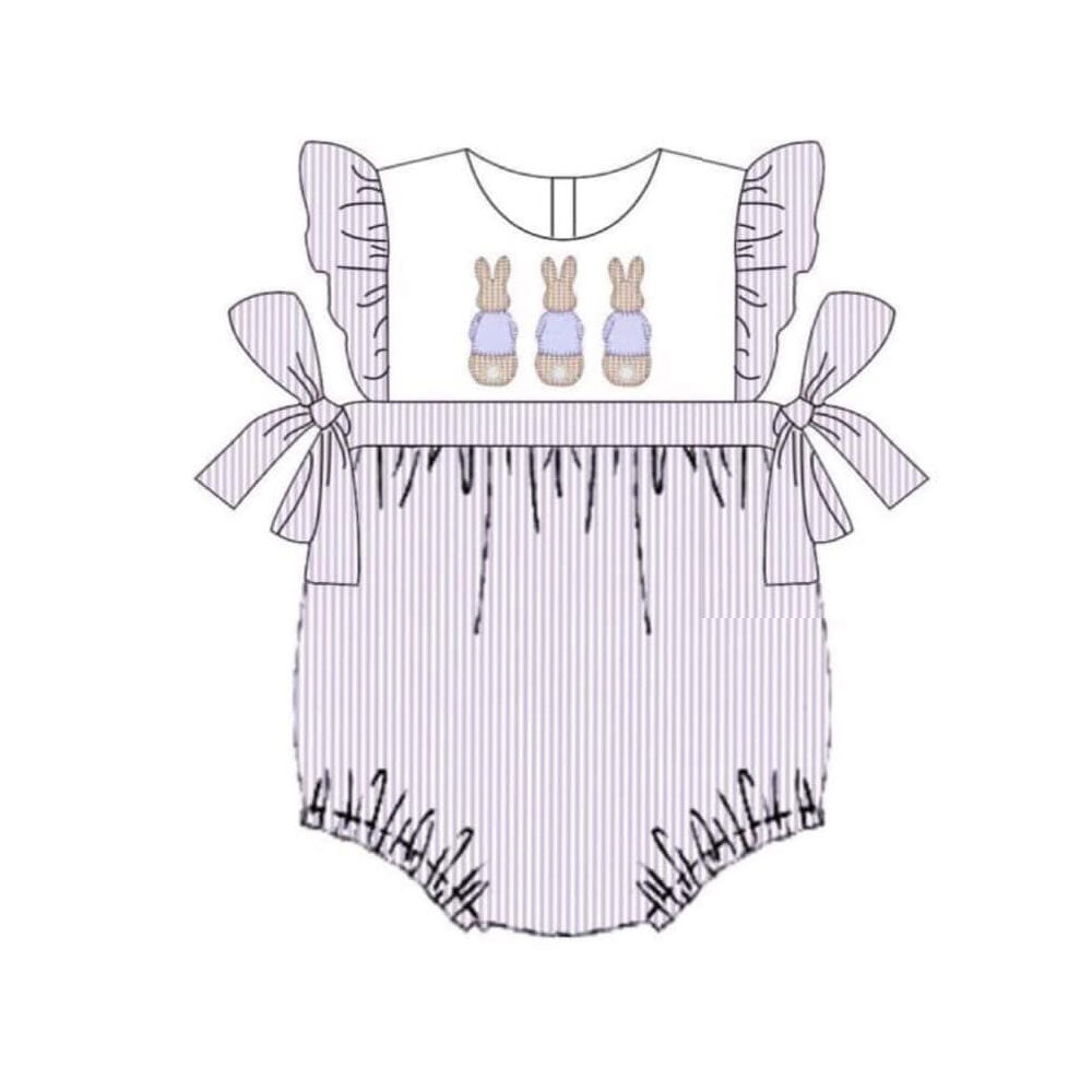 ( Moq 5 ) Preorder Baby Girls Short Sleeves Rabbits Stripes Bows Easter Ruffle Romper