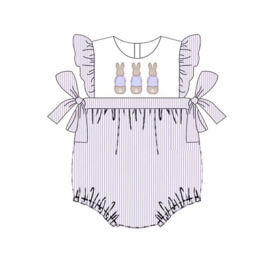 ( Moq 5 ) Preorder Baby Girls Short Sleeves Rabbits Stripes Bows Easter Ruffle Romper