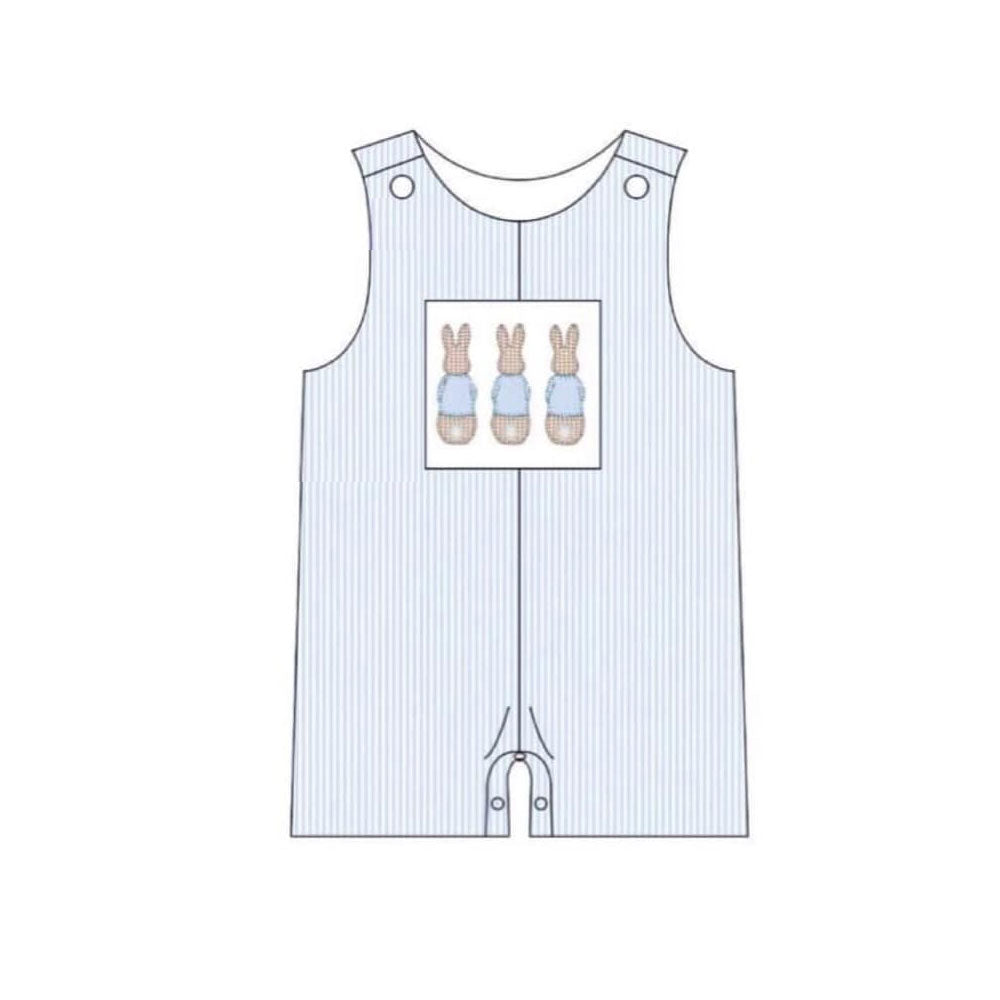 ( Moq 5 ) Preorder Baby Boys Rabbits Blue Stripes Easter Buttons Romper
