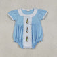 Sibling Baby Girls Short Sleeves Embroidery Rabbits Easter Ruffle Blue Bubble Romper Dress RTS