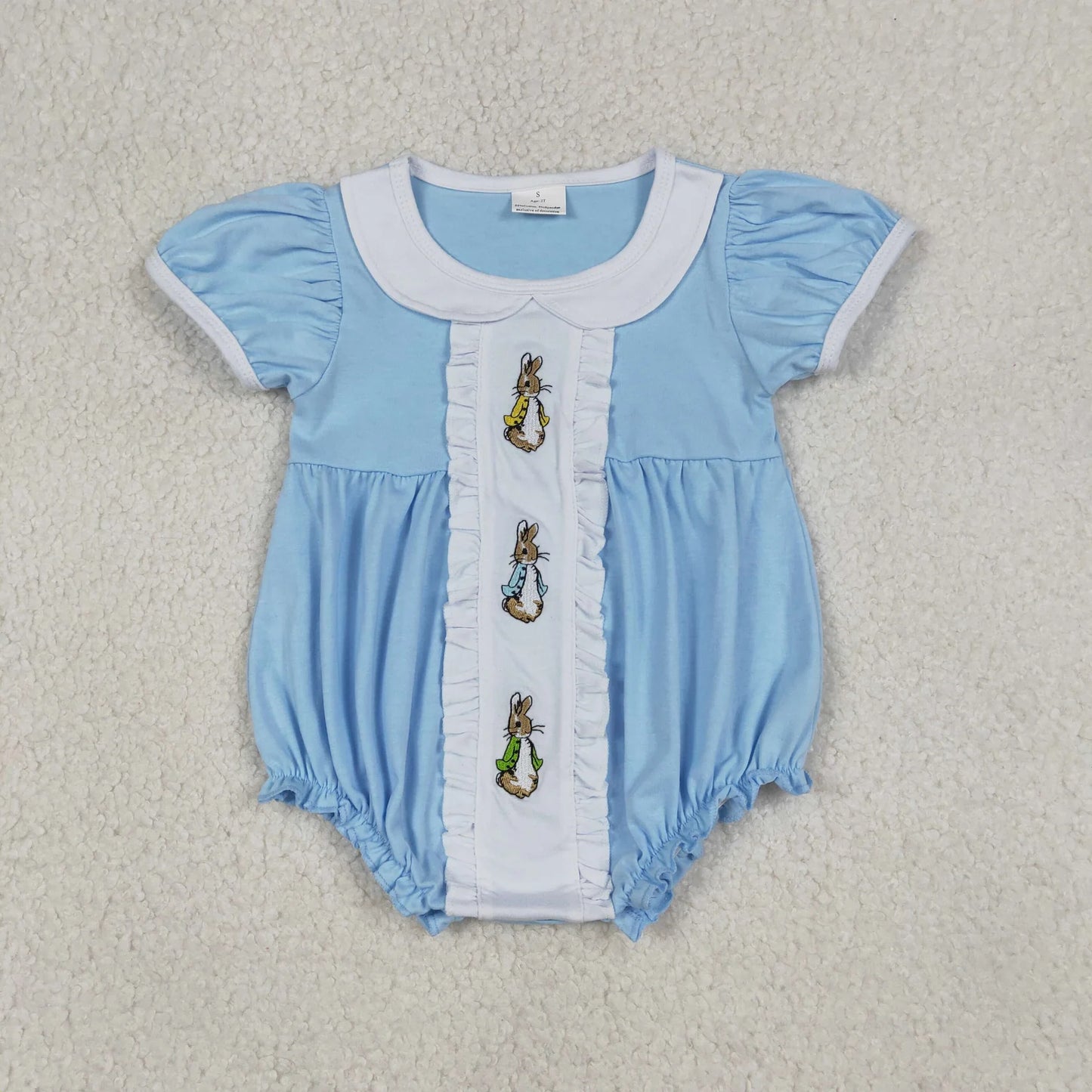 Sibling Baby Boys Girls Embroidery Rabbits Blue Rompers Sets Easter Clothes RTS
