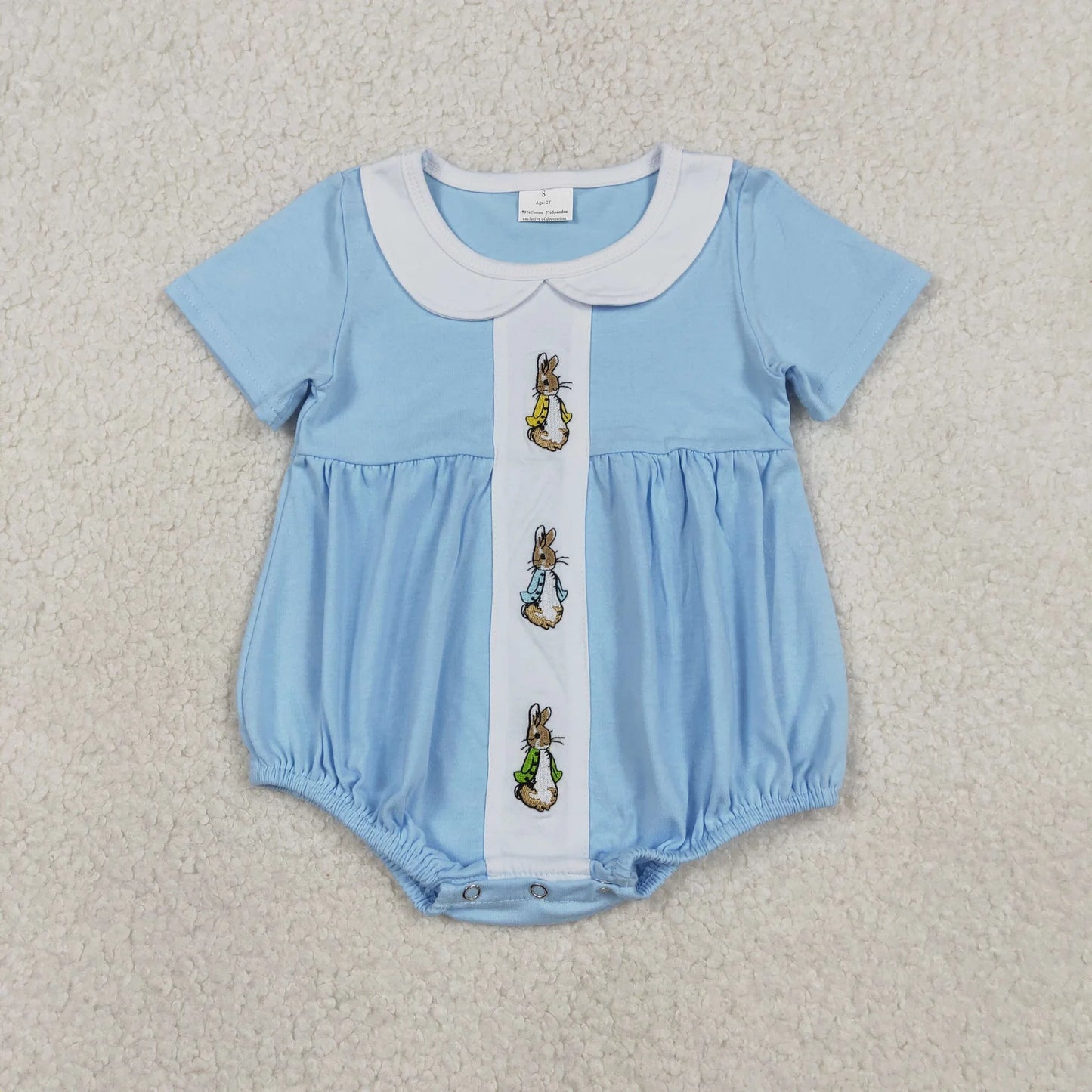 Sibling Baby Boys Girls Embroidery Rabbits Blue Rompers Sets Easter Clothes RTS