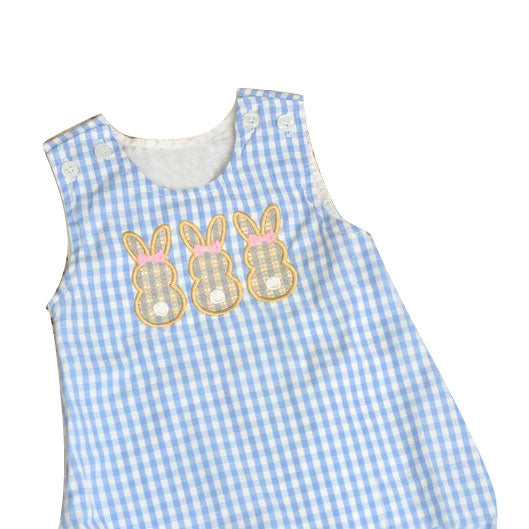 ( Moq 5 ) Preorder Baby Girls Sleeveless Bows Rabbits Blue Plaid Easter Romper
