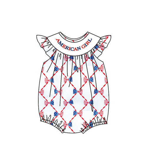 ( Moq 5 ) Preorder Baby Girls Short Sleeves Flags Bows July 4th Bubble Romper