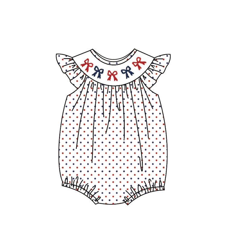 ( Moq 5 ) Preorder Baby Girls Short Sleeves Red Blue Bows Dots July 4th Bubble Romper