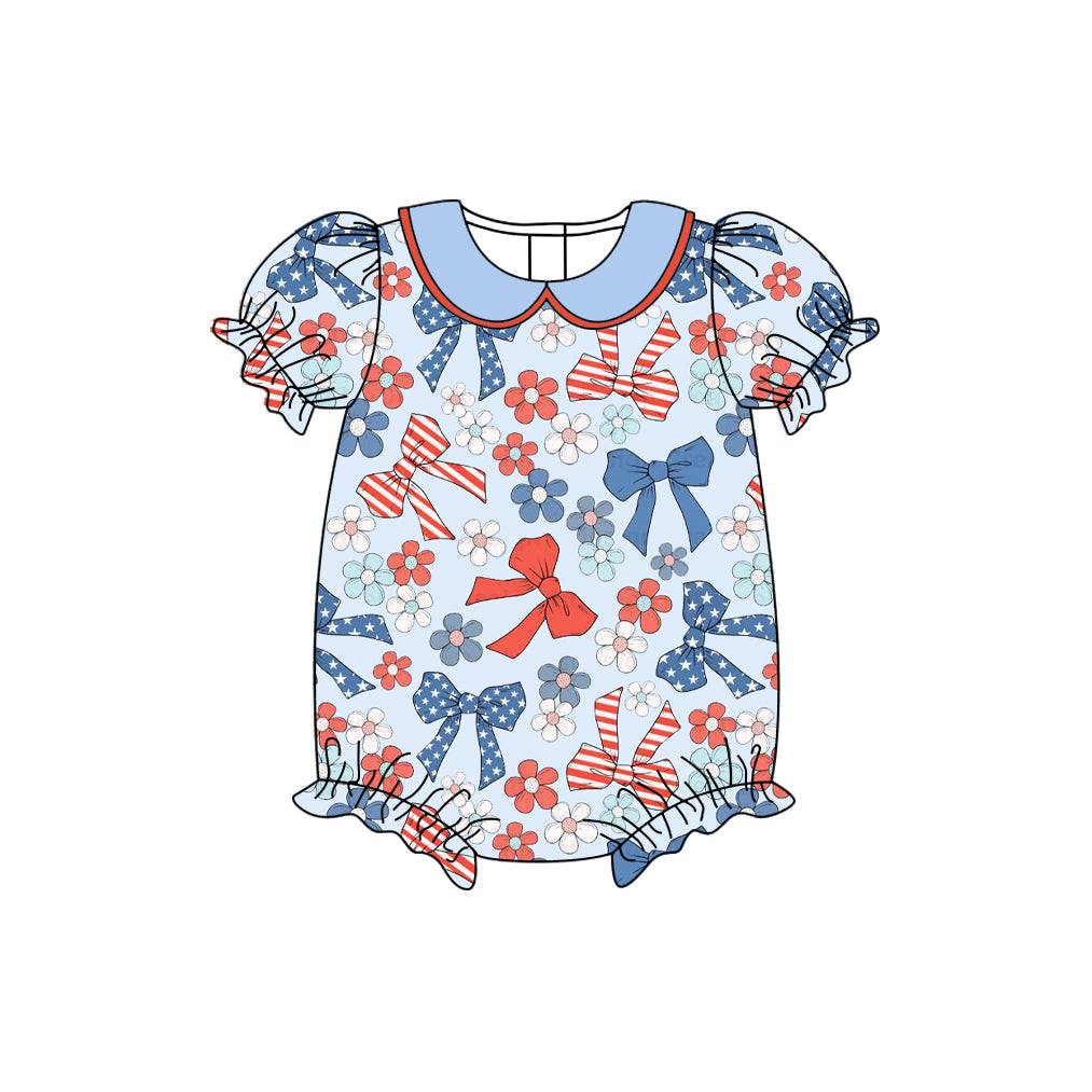 ( Moq 5 ) Preorder Baby Girls Short Sleeves Flower Bows July 4th Bubble Romper