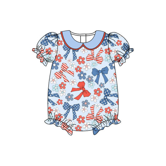 ( Moq 5 ) Preorder Baby Girls Short Sleeves Flower Bows July 4th Bubble Romper