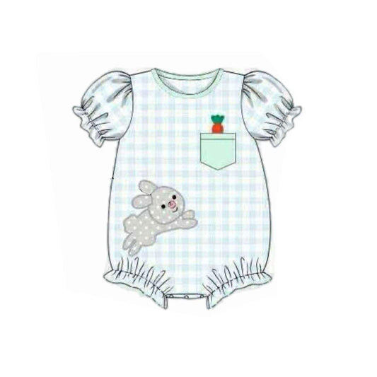 ( Moq 5 ) Preorder Baby Girls Short Sleeves Green Plaid Rabbits Carrots Easter Romper