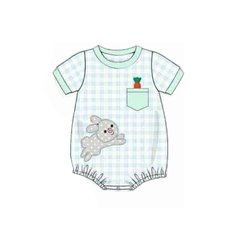 ( Moq 5 ) Preorder Baby Boys Short Sleeves Green Plaid Rabbits Carrots Easter Romper
