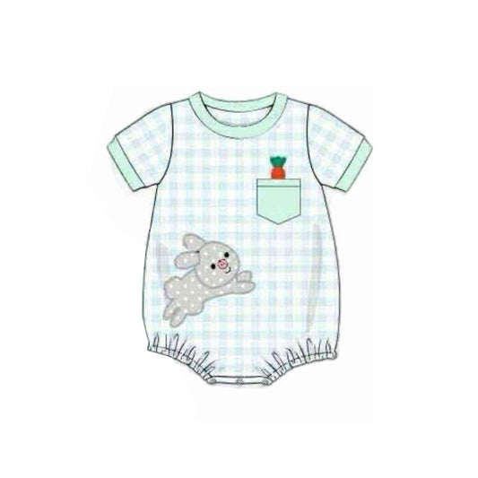 ( Moq 5 ) Preorder Baby Boys Short Sleeves Green Plaid Rabbits Carrots Easter Romper