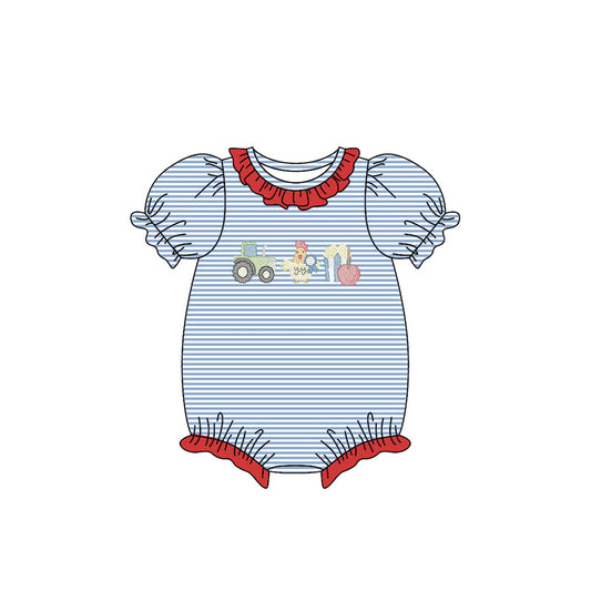 ( Moq 5 ) Preorder Baby Girls Farm Truck Chicken Stripes Ruffle Bubble Romper