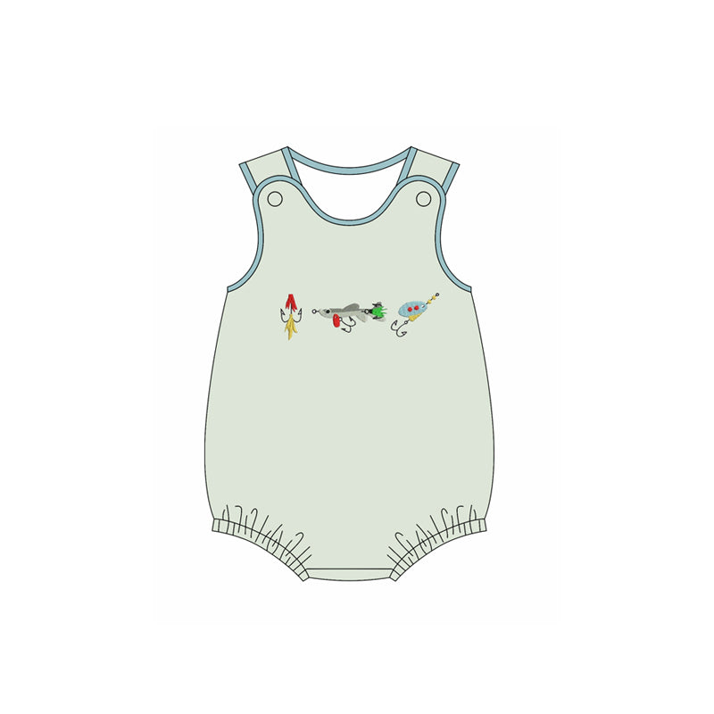 ( Moq 5 ) Preorder Baby Boys Infant Sleeveless Fishing Stripes Ruffle Bubble Romper