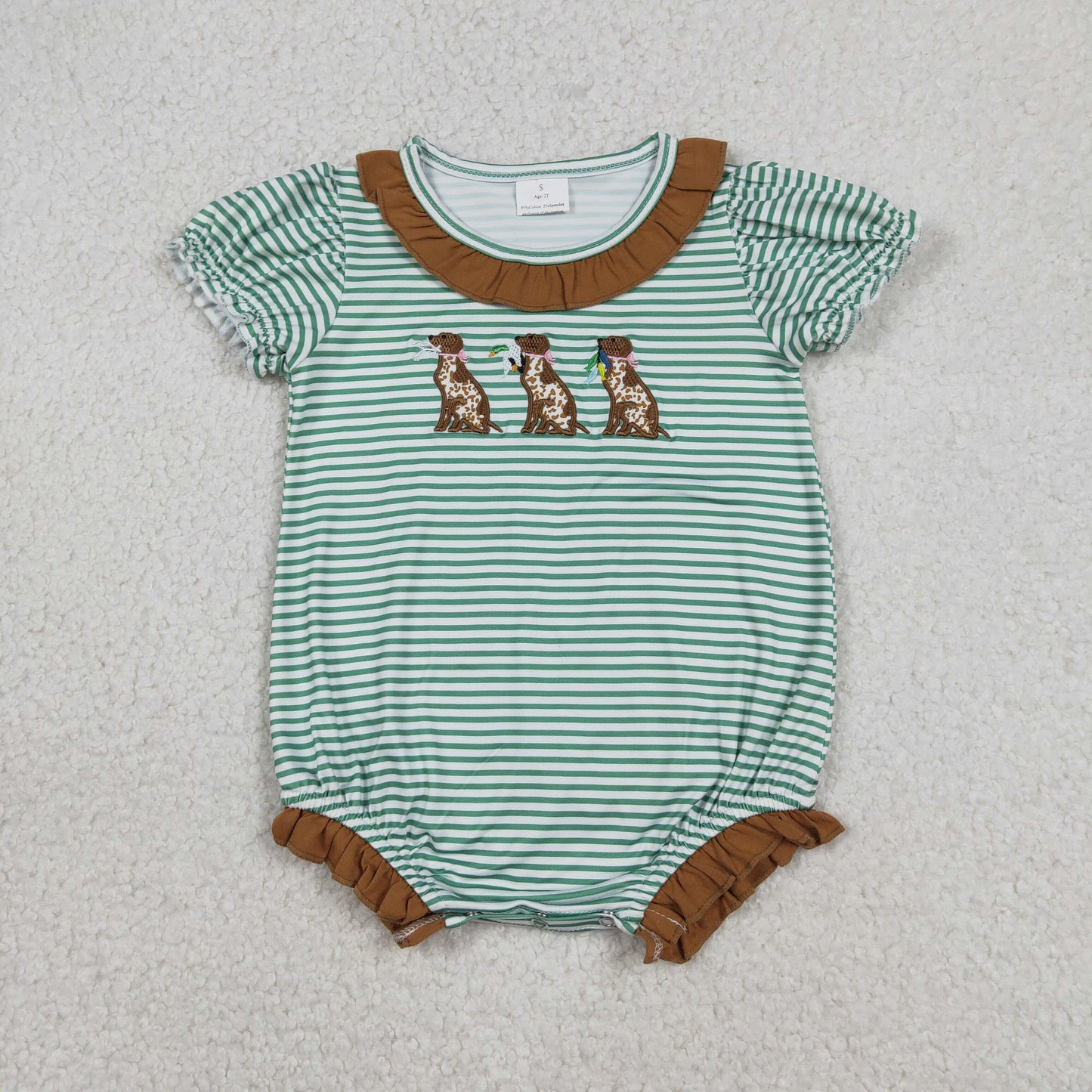 Sibling Baby Girls Kids Short Sleeves Embroidery Dogs Ducks Green Stripes Hunting Romper Set RTS