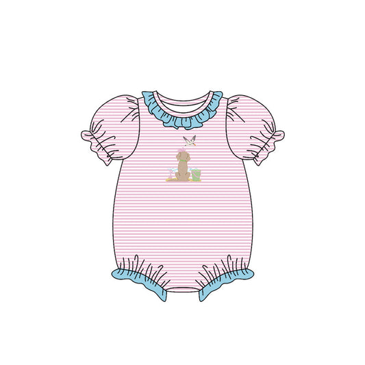 ( Moq 5 ) Preorder Baby Girls Short Sleeves Dogs Ducks Stripes Ruffle Bubble Romper