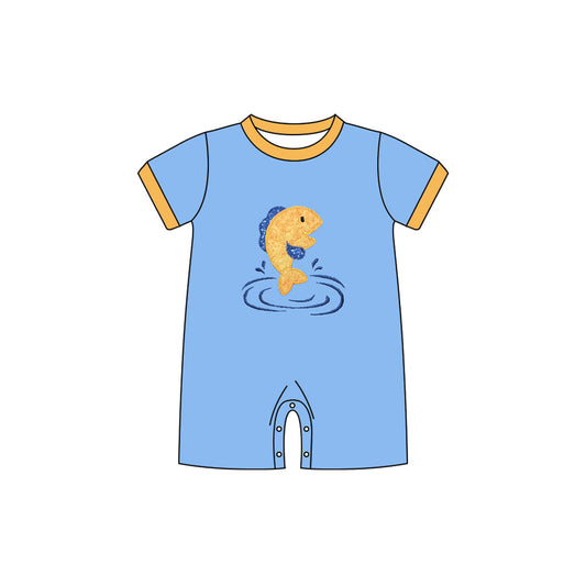 ( Moq 5 ) Preorder Baby Boys Short Sleeves Fish Buttons Blue Romper